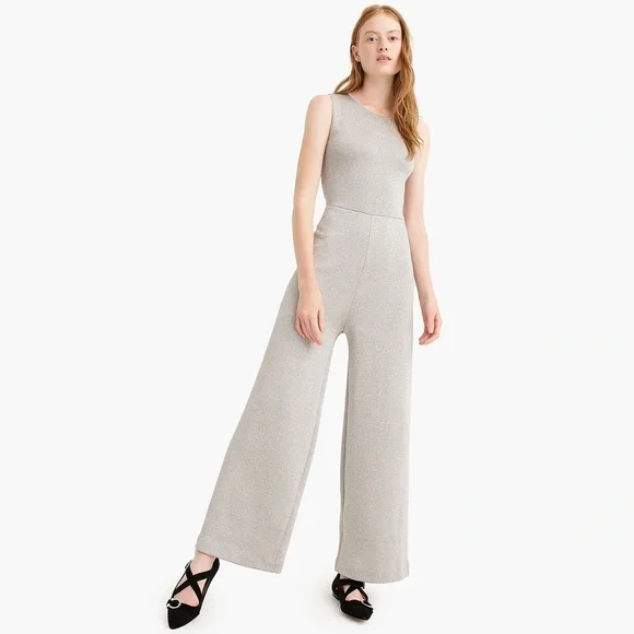 New J.CREW $188 Madison Silver Shimmer Sleeveless Lurex Jumpsuit with Velvet Tie - Picture 3 of 6